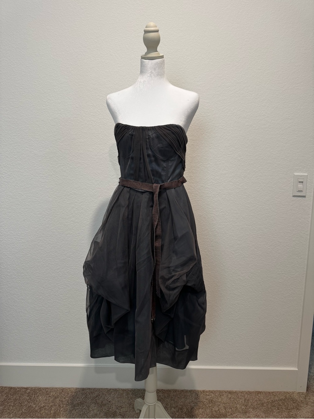 BCBGMaxAzria Strapless Charcoal Gray Bubble-Hem Dress with Brown Sash